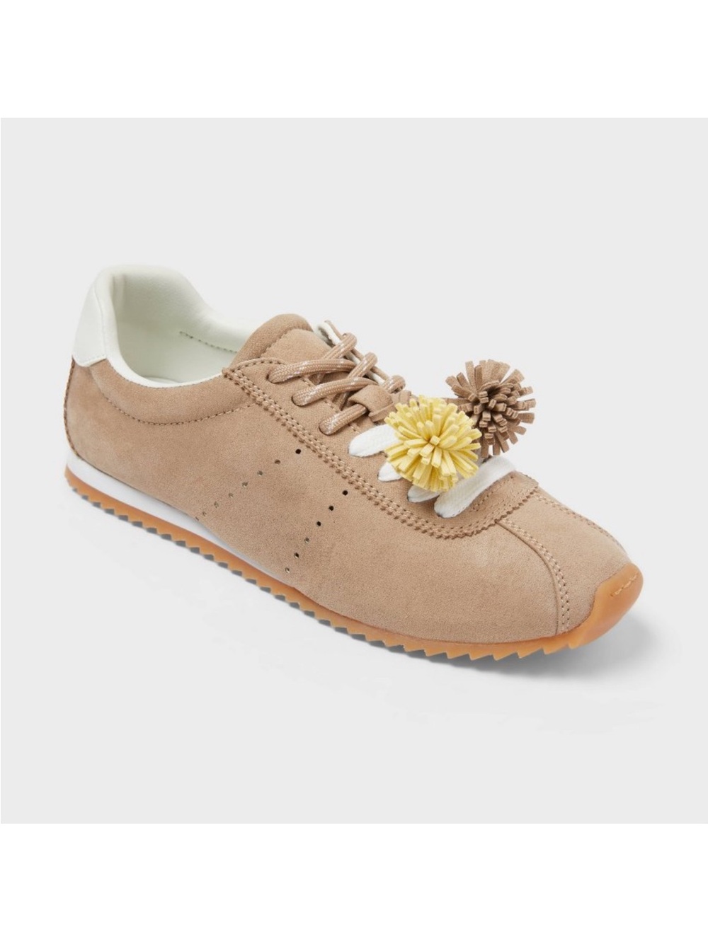 Women’s Suede Runner Sneakers with Pom Pom Accents - Tan